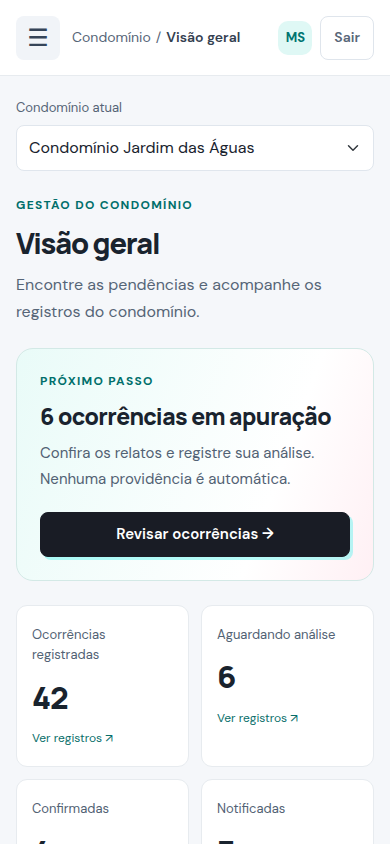 Versão do painel no celular, com acesso às pendências e indicadores do condomínio.